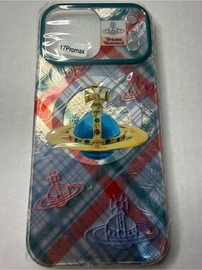 Vivienne Westwood Red & Blue Plaid iPhone 17 Pro Max Case with Gold Planet Motif